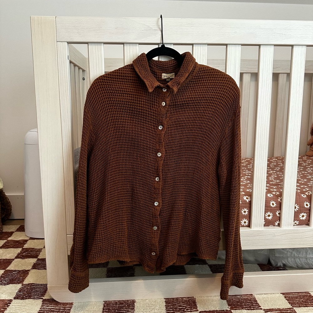 DONNI. Waffle Button Down - chocolate brown - size Small oversized
